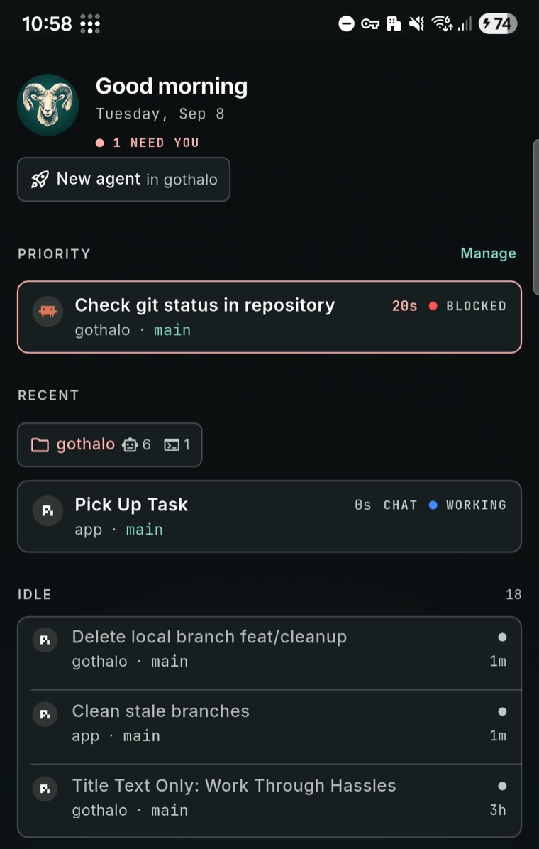 The gothalo home screen: one agent flagged as needing you, the rest grouped by state