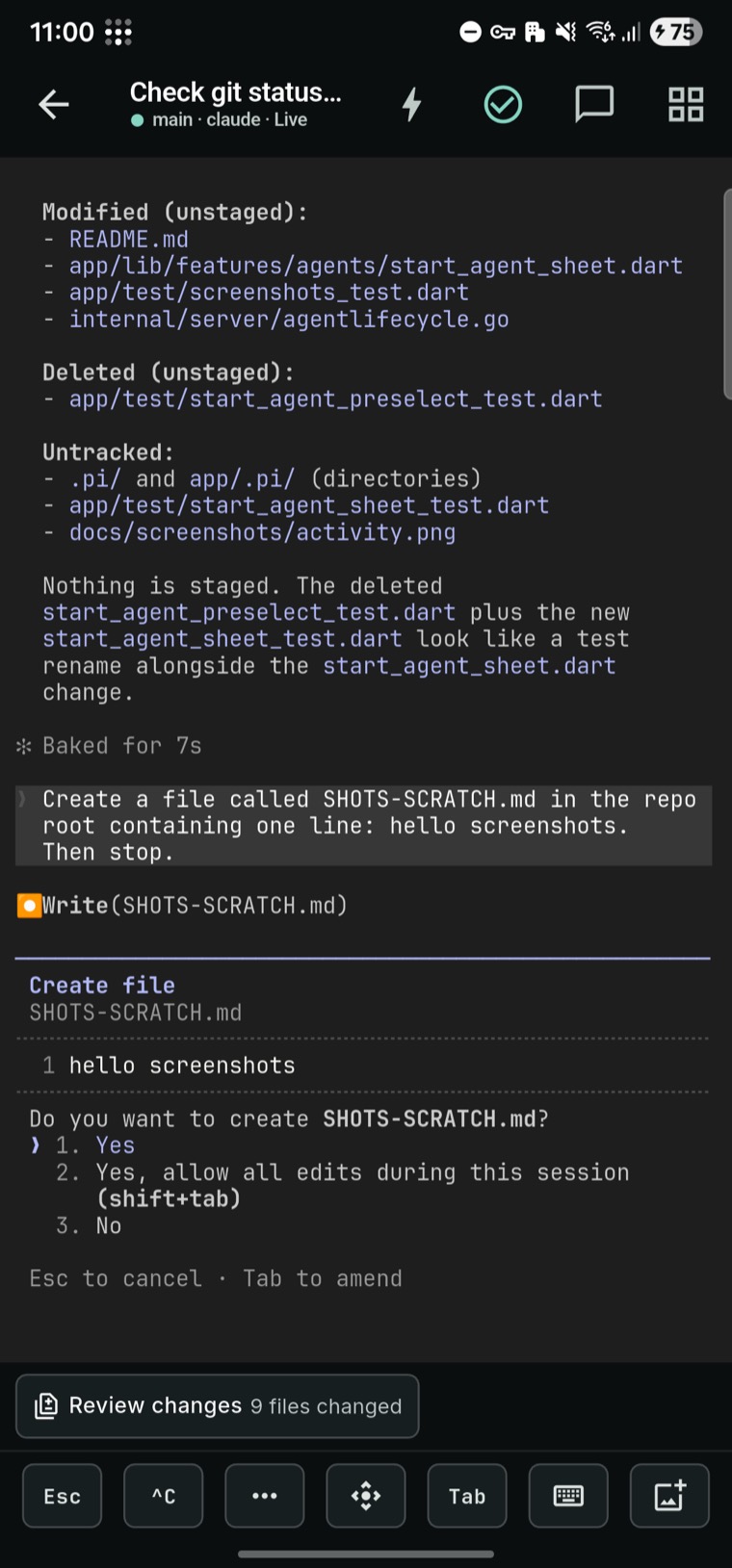 A full terminal on the phone with a key bar for Esc, Ctrl, Tab and arrows